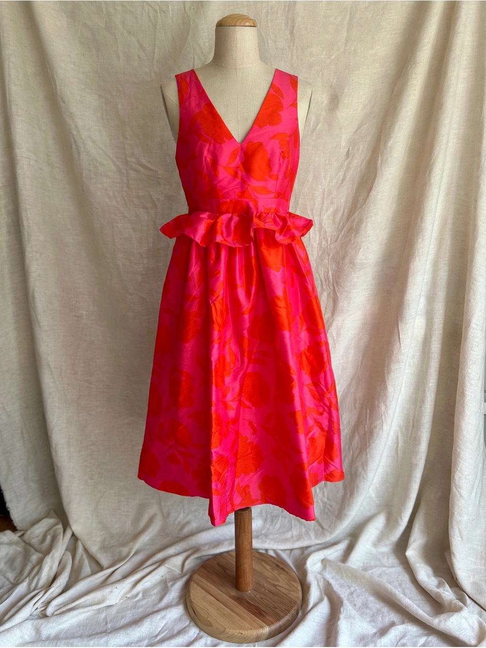 kate spade Pink and Red Floral V-Neck Peplum Midi Dress